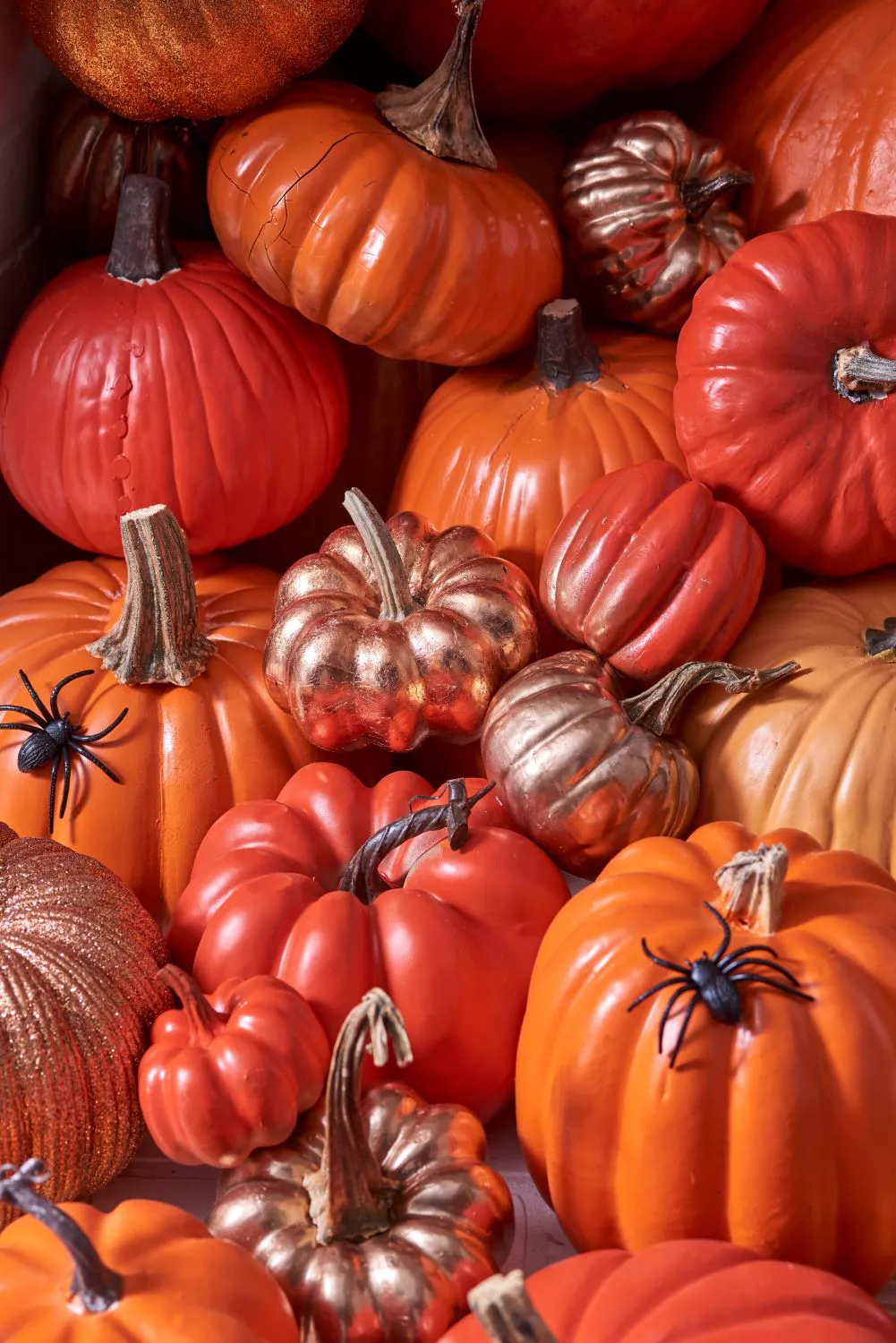 Cluster of Vibrant Pumpkins and Spiders
