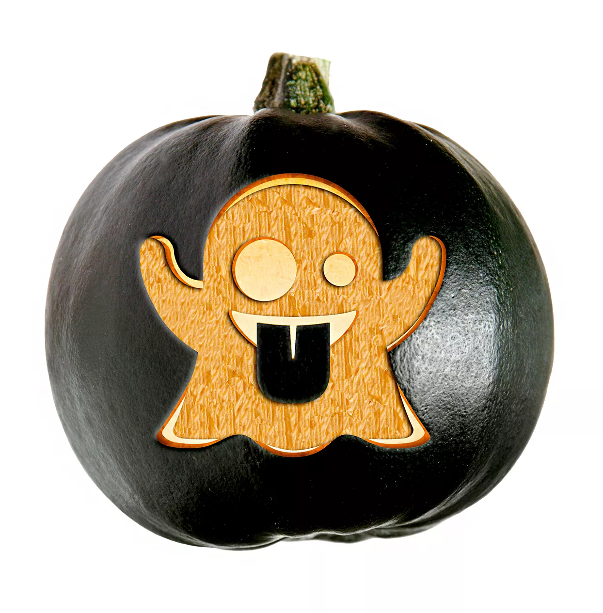 Black pumpkin with emoji ghost carving