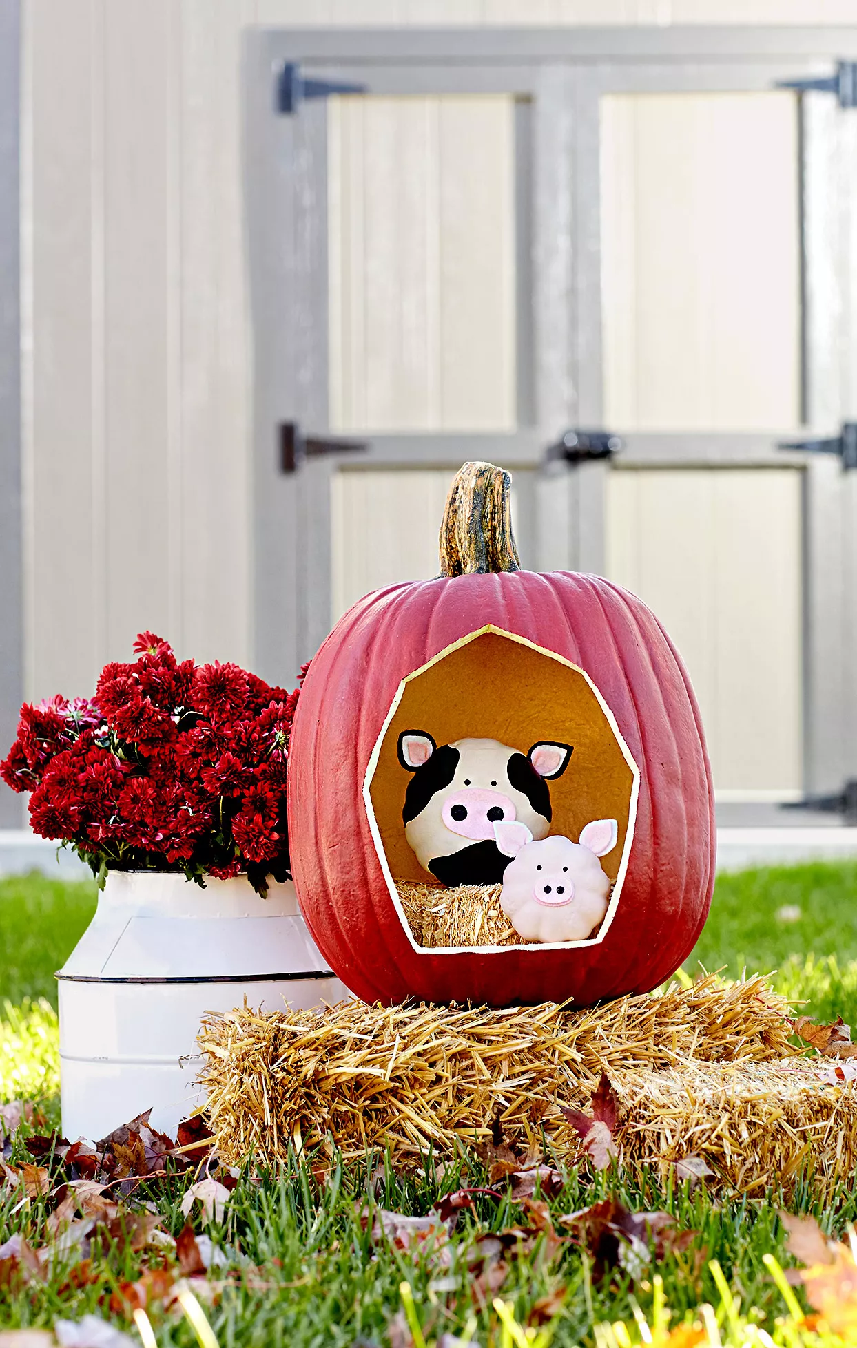 Hollowed-out pumpkin with cow and pig farm scene