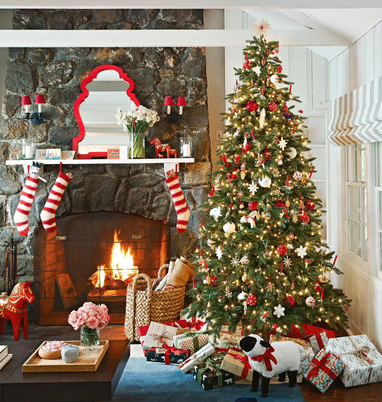living room decorated for christmas