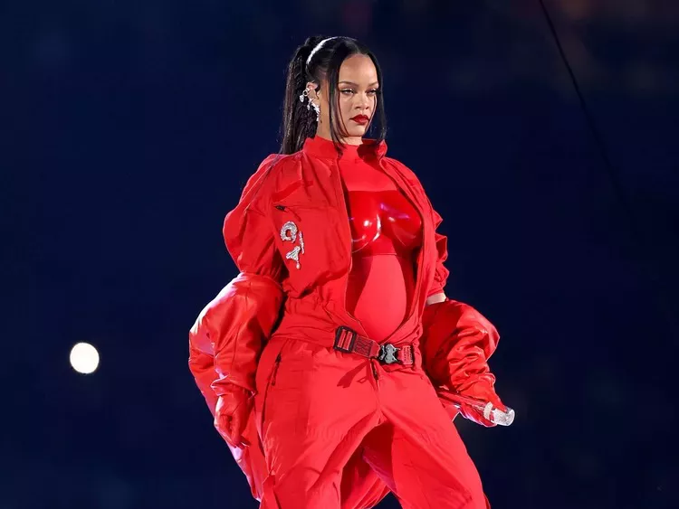 Rihanna in her red look at Super Bowl 2023