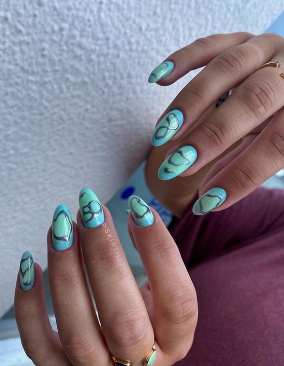 green and blue almond nails