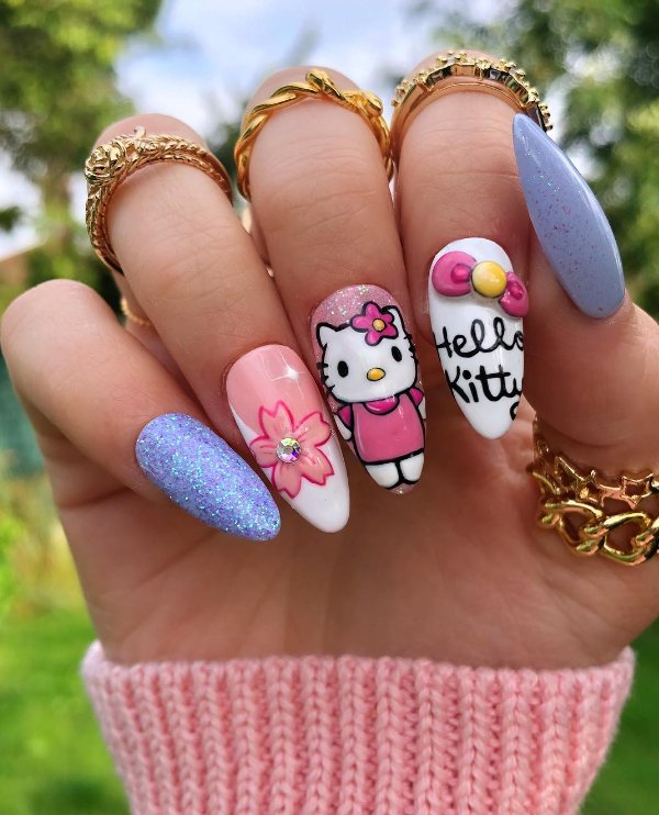 hello kitty acrylic almond nails