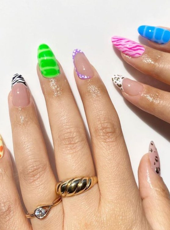 mismatched summer almond nails