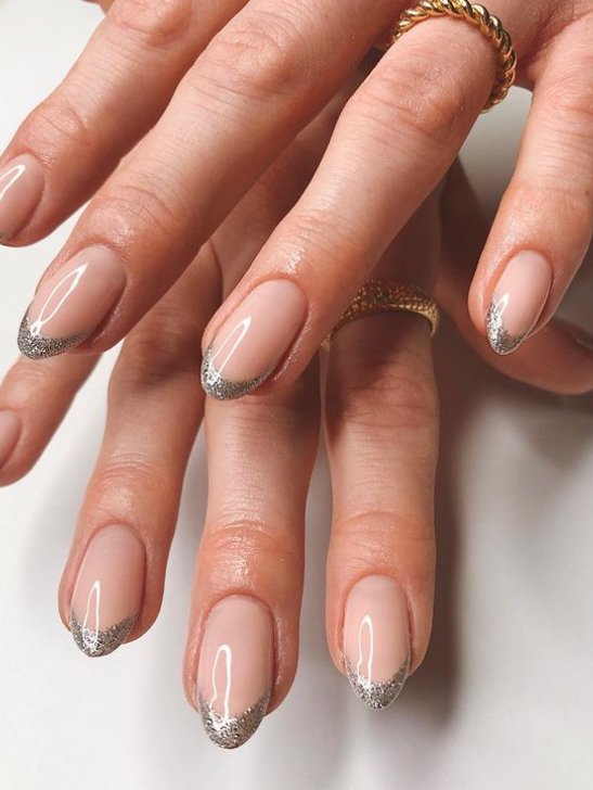 silver glitter almond french tip nails