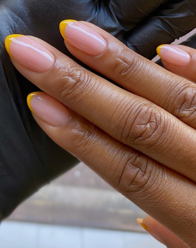 yellow almond french tip nails