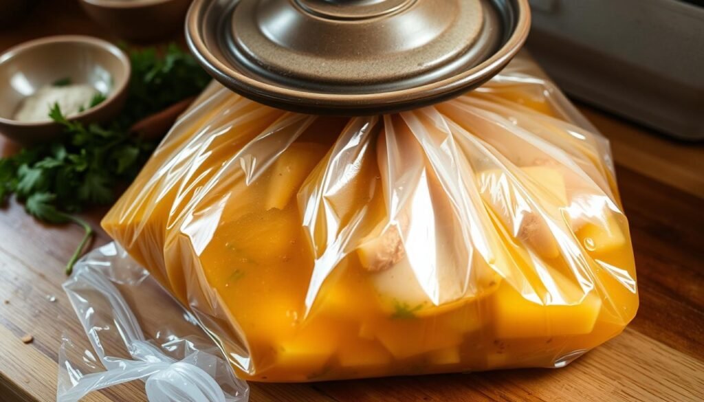 Brining bag and weighted plate