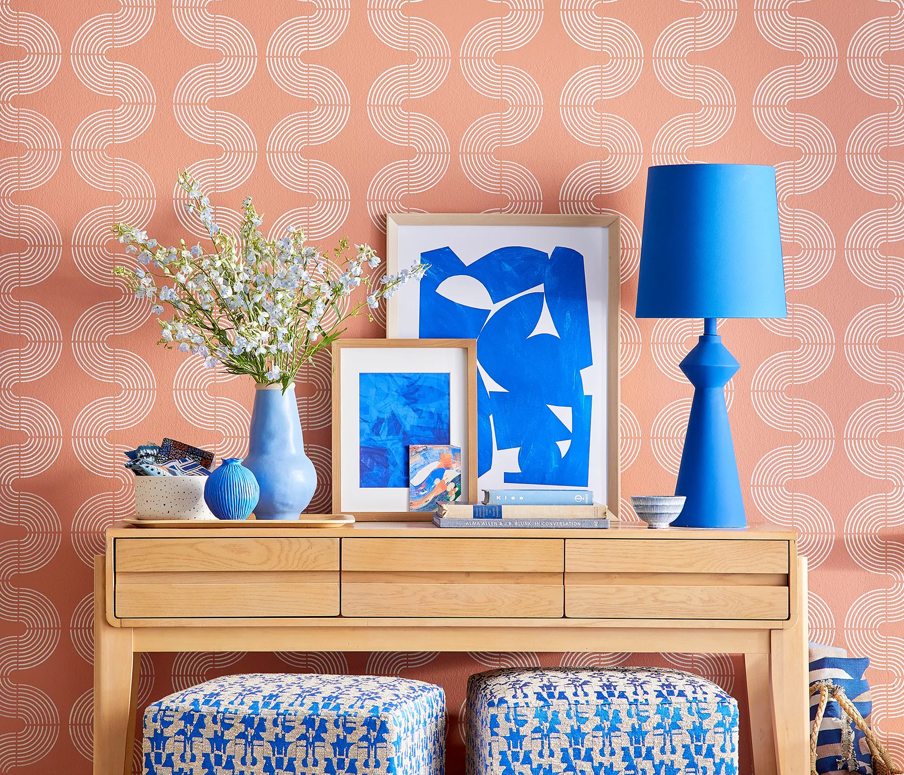 coral entryway with blue lamp