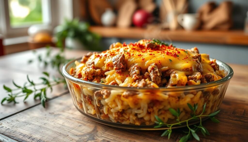 Cheesy Ground Beef and Rice Casserole