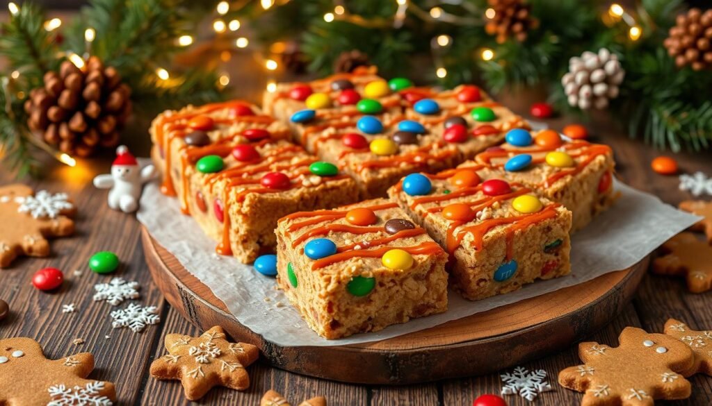 Christmas Loaded Peanut Butter M&M Cookie Bars