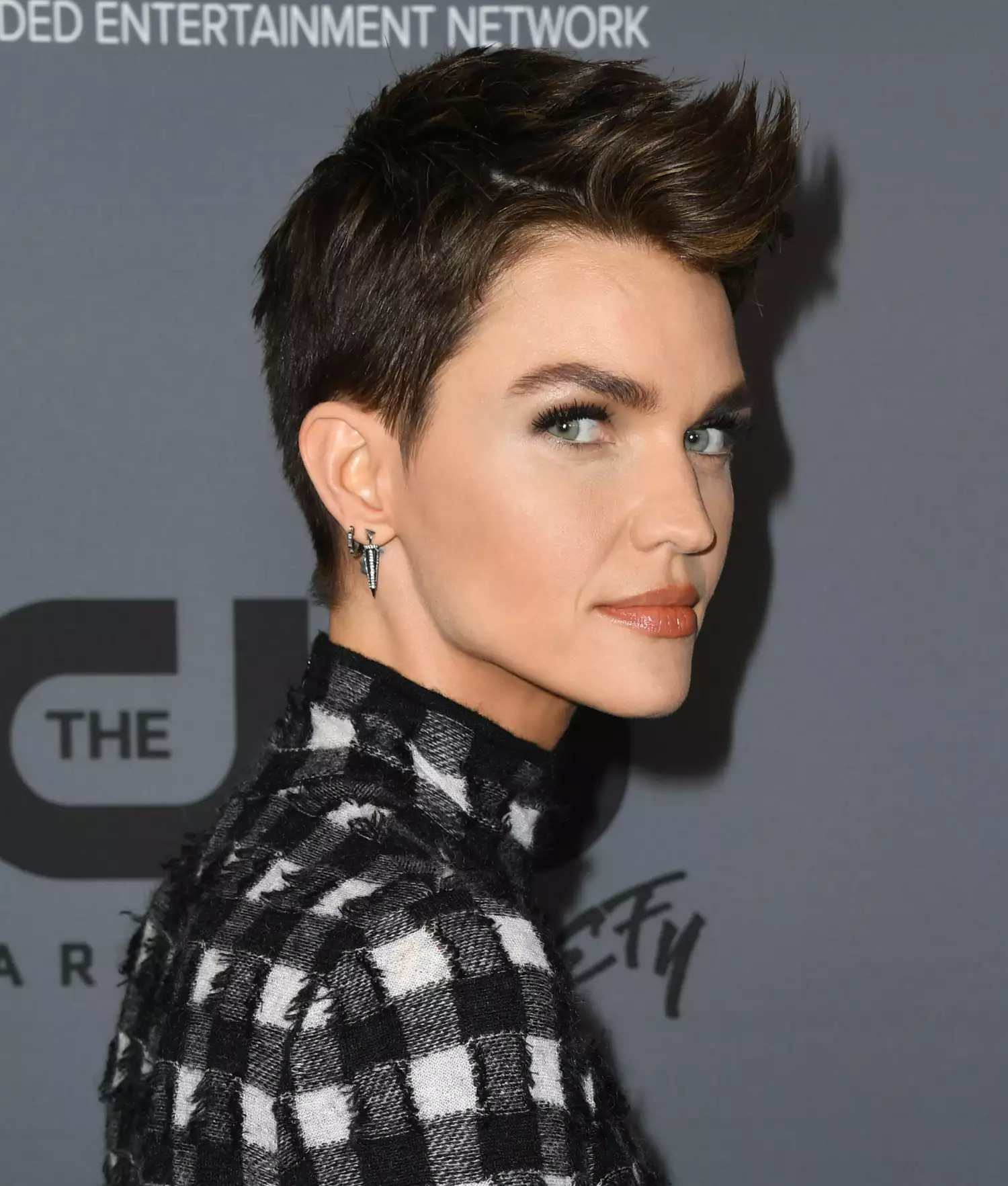 Ruby Rose with a Long Pixie Cut with voluminous texture