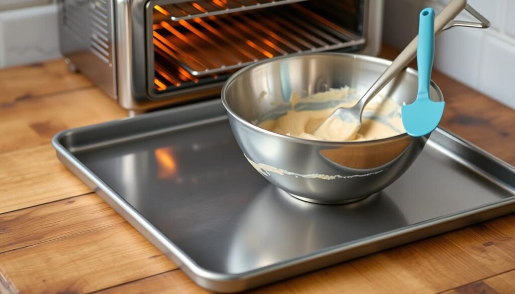baking sheet, mixing bowl, spatula, broiler