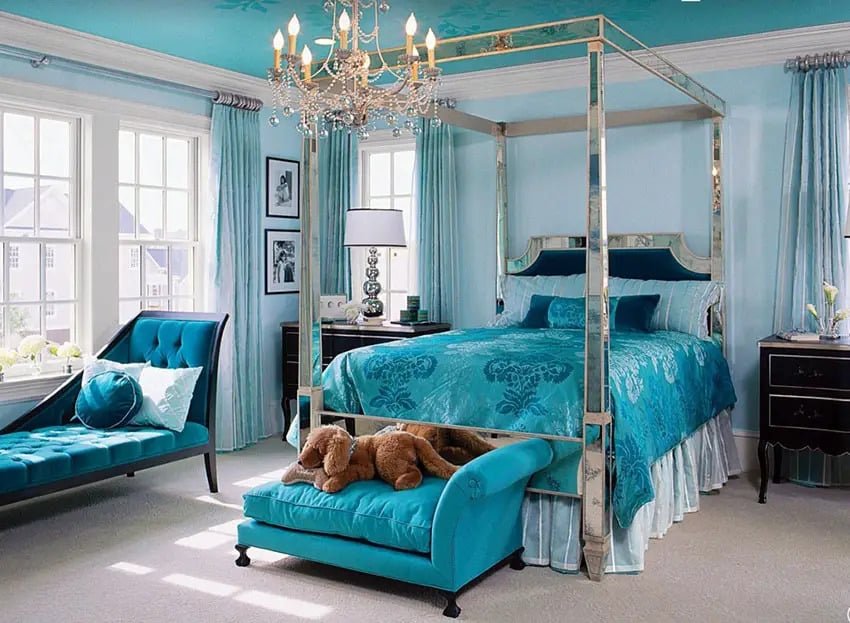 Eye catching blue jacquard bed sheet and sofa bed