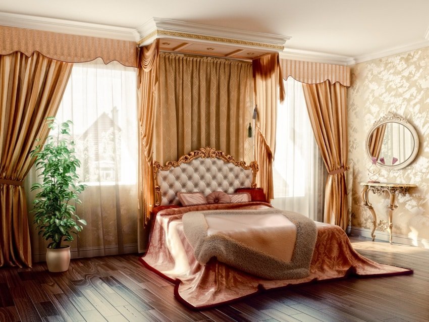 Gold drapery valance set and pink bed set